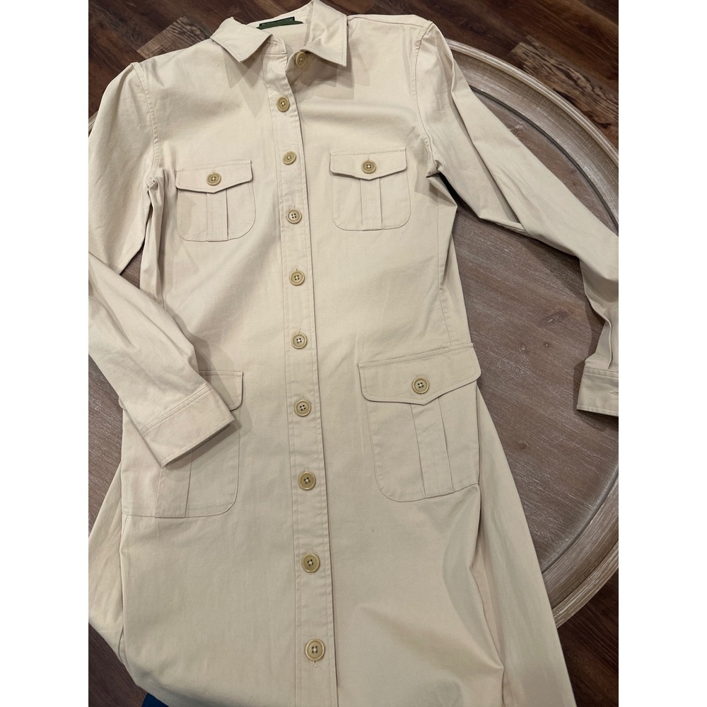J Peterman Company Khaki Tan Safari Utility Button Front Shirt Dress Size 6